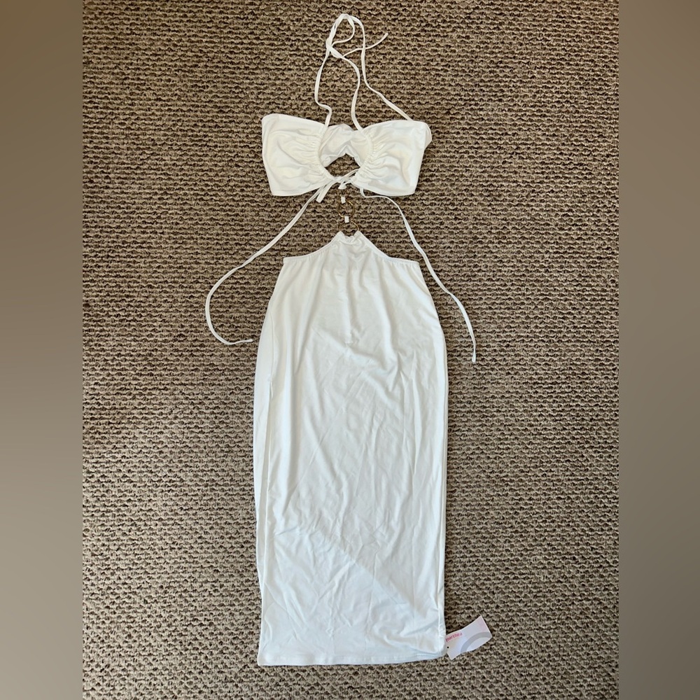 Elegant White Halter Two-Piece Dress with Gold Hardware